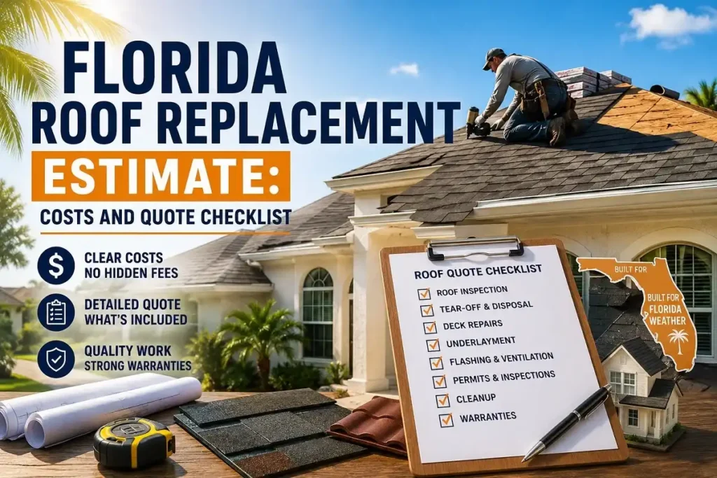 Florida Roof Replacement Estimate: Costs and Quote Checklist - Roofing | HomeImprovementGeek Florida roof replacement estimate showing a roofer installing shingles on a Florida home