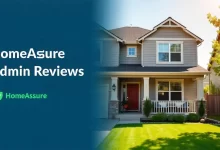Modern home with HomeAssure Admin reviews text overlay, showing appliances and systems for home warranty coverage.