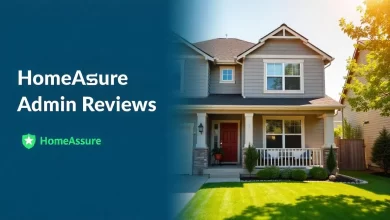 Modern home with HomeAssure Admin reviews text overlay, showing appliances and systems for home warranty coverage.