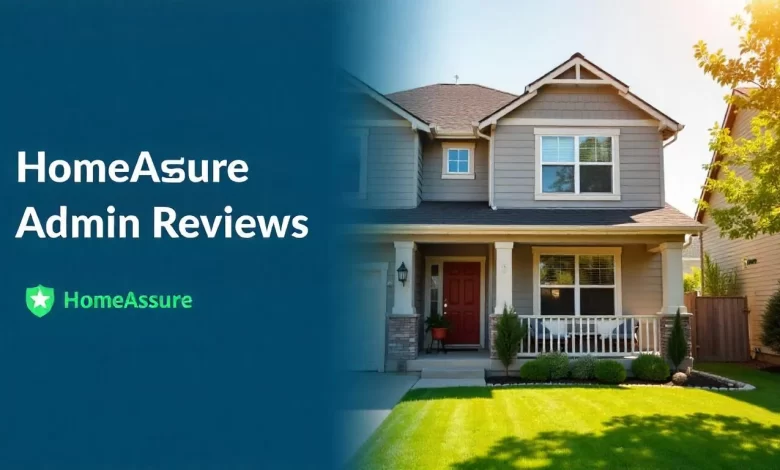Modern home with HomeAssure Admin reviews text overlay, showing appliances and systems for home warranty coverage.