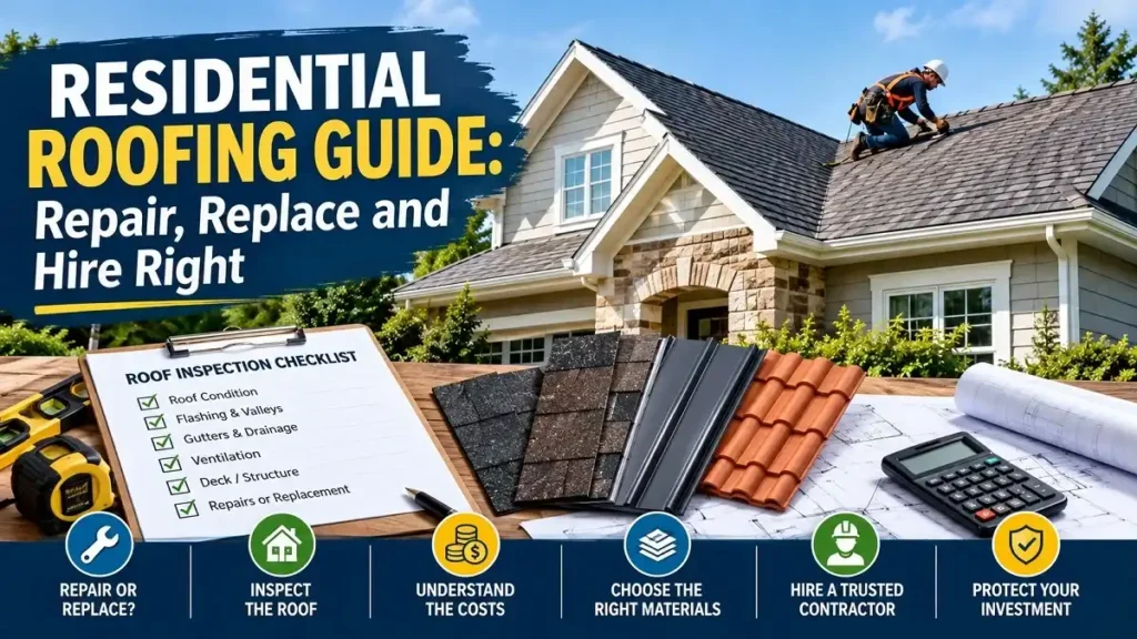 Residential roofing guide showing roof inspection, repair and replacement options, roofing materials, and contractor selection