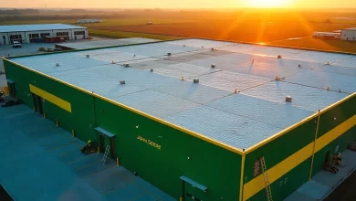 Dubuque roofing company Brent team working on John Deere facility commercial roof installation with safety equipment