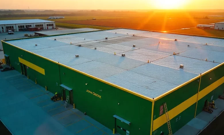 Dubuque roofing company Brent team working on John Deere facility commercial roof installation with safety equipment