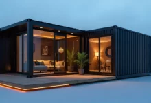 Modern black container home with glass doors and wooden deck by Madbox Real Estate