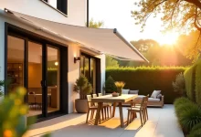 Modern markiseteppe Nordic awning providing shade over outdoor patio furniture with minimalist design