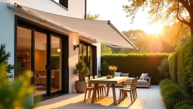 Modern markiseteppe Nordic awning providing shade over outdoor patio furniture with minimalist design