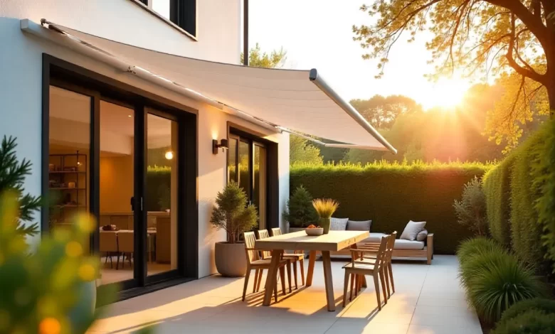 Modern markiseteppe Nordic awning providing shade over outdoor patio furniture with minimalist design