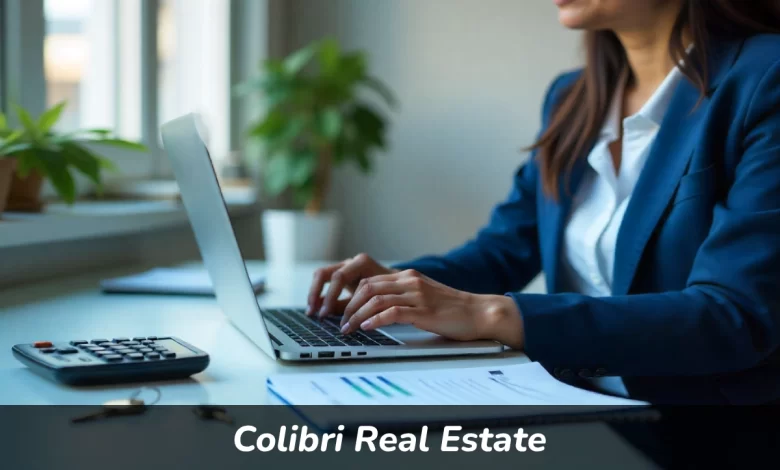Person studying Colibri Real Estate online courses on laptop with real estate books and house keys on desk