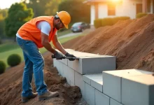 Concrete wall retaining installation showing poured concrete and block construction methods with drainage system