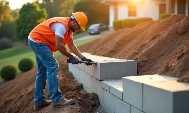 Concrete wall retaining installation showing poured concrete and block construction methods with drainage system