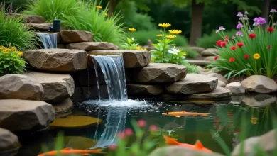 Backyard pond with waterfall featuring natural stone cascade and aquatic plants in residential garden setting