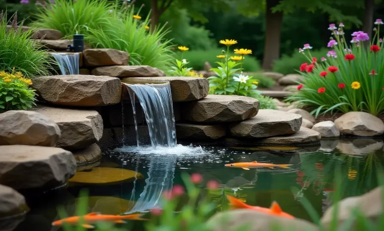 Backyard pond with waterfall featuring natural stone cascade and aquatic plants in residential garden setting