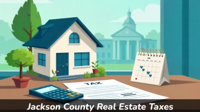 Jackson County real estate taxes guide showing house with tax documents and payment calculator
