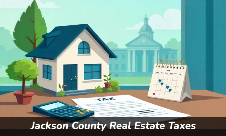 Jackson County real estate taxes guide showing house with tax documents and payment calculator