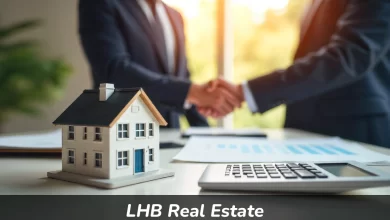 LHB Real Estate investment guide showing house with sold sign and business documents for cash home buyers