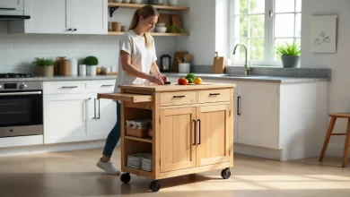 Latitude Run rolling kitchen island with wood finish and storage drawers in modern kitchen