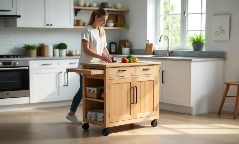 Latitude Run rolling kitchen island with wood finish and storage drawers in modern kitchen