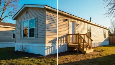 Mobile home exterior transformation using https mobilehomeexteriors.com products showing before and after renovation results