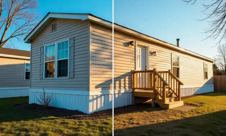 Mobile home exterior transformation using https mobilehomeexteriors.com products showing before and after renovation results