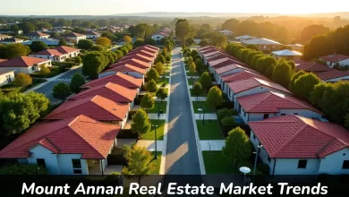 Mount Annan real estate market aerial view showing family homes and train station with growing property values