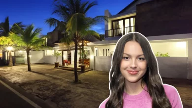 Olivia Rodrigo house interior showing minimalist living room with neutral colors, wooden furniture, and natural light from large windows