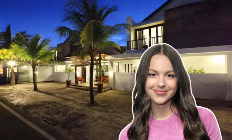 Olivia Rodrigo house interior showing minimalist living room with neutral colors, wooden furniture, and natural light from large windows