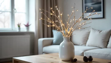 Pyntekvister decorative branches with LED lights in white vase on wooden table in Nordic living room