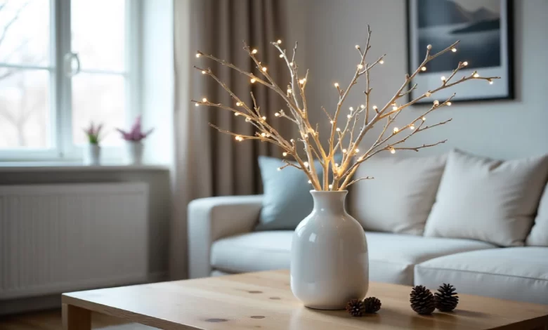 Pyntekvister decorative branches with LED lights in white vase on wooden table in Nordic living room