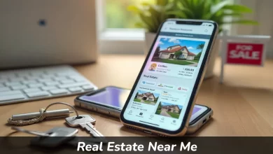 Person searching for Real Estate Near Me on smartphone with property listings and house keys on desk