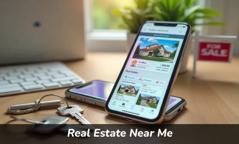 Person searching for Real Estate Near Me on smartphone with property listings and house keys on desk