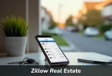 Zillow Real Estate app on smartphone showing property listings with house keys and homes in background