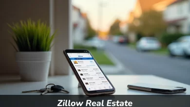 Zillow Real Estate app on smartphone showing property listings with house keys and homes in background