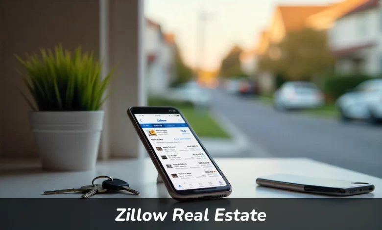 Zillow Real Estate app on smartphone showing property listings with house keys and homes in background
