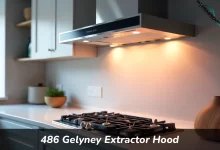 486 Gelyney Extractor Hood mounted above gas cooktop in modern kitchen showing stainless steel construction and LED lighting