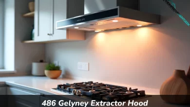 486 Gelyney Extractor Hood mounted above gas cooktop in modern kitchen showing stainless steel construction and LED lighting