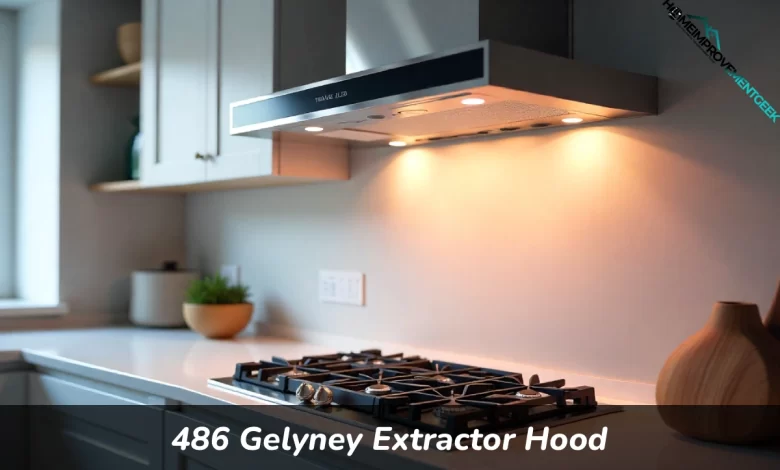 486 Gelyney Extractor Hood mounted above gas cooktop in modern kitchen showing stainless steel construction and LED lighting