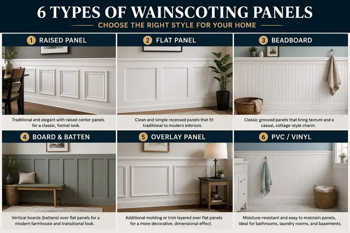 Wainscoting Panels: 6 Types, Costs & Installation Guide - Home Installations | HomeImprovementGeek Six types of wainscoting panels showing raised panel, flat panel, beadboard, board and batten, overlay panel, and PVC or vinyl styles.