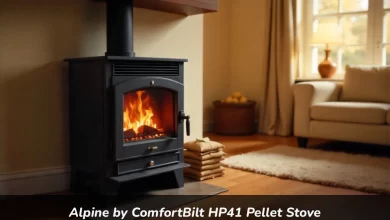 Alpine HP41 pellet stove by ComfortBilt heating a living room with visible flames and 52-pound hopper
