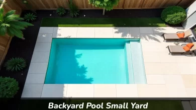 Small backyard pool design showing compact rectangular pool in limited yard space with deck area