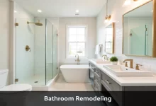 Modern bathroom remodeling design with walk-in shower, double vanity, and contemporary fixtures in USA home