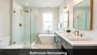 Modern bathroom remodeling design with walk-in shower, double vanity, and contemporary fixtures in USA home
