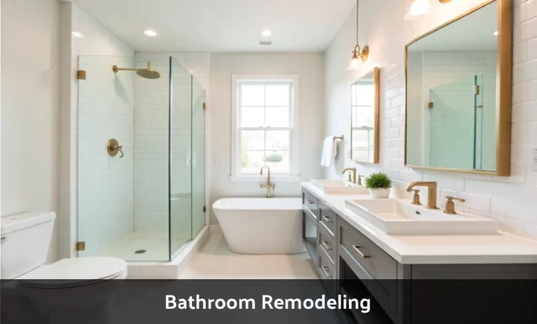 Modern bathroom remodeling design with walk-in shower, double vanity, and contemporary fixtures in USA home