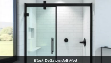Black Delta Lyndall Mod frameless sliding shower door with matte black finish and clear glass in modern bathroom