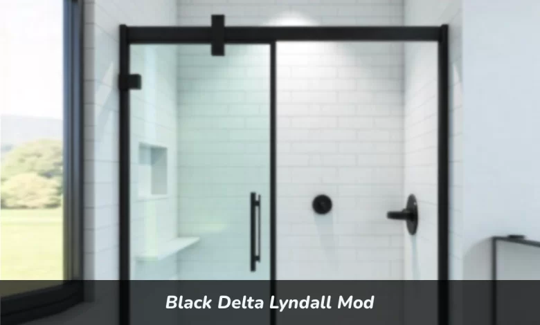 Black Delta Lyndall Mod frameless sliding shower door with matte black finish and clear glass in modern bathroom
