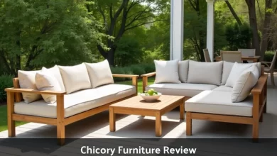 Chicory furniture teak outdoor sectional with washable cushions on covered patio