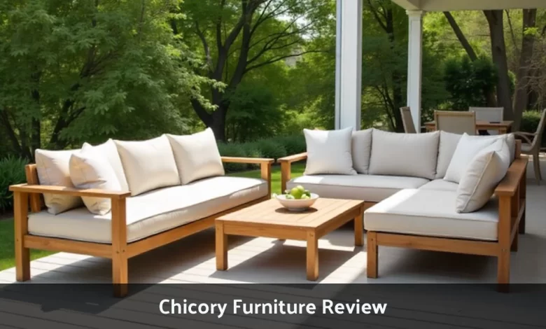 Chicory furniture teak outdoor sectional with washable cushions on covered patio