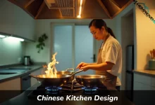 Modern chinese kitchen design with dual gas burners and wok cooking setup featuring minimal storage and powerful ventilation system