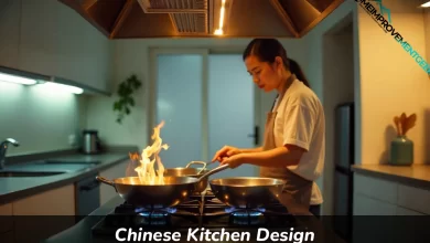 Modern chinese kitchen design with dual gas burners and wok cooking setup featuring minimal storage and powerful ventilation system