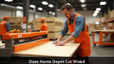 Home Depot employee cutting wood on panel saw at lumber cutting station for customer