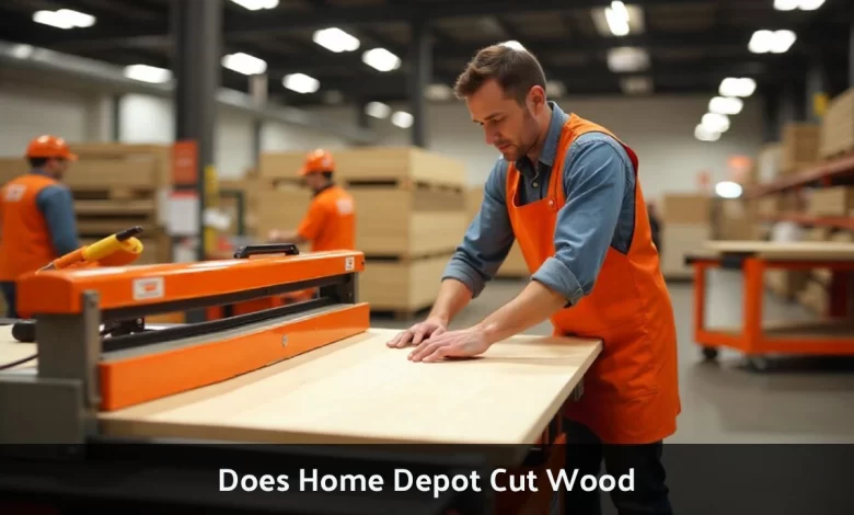 Home Depot employee cutting wood on panel saw at lumber cutting station for customer